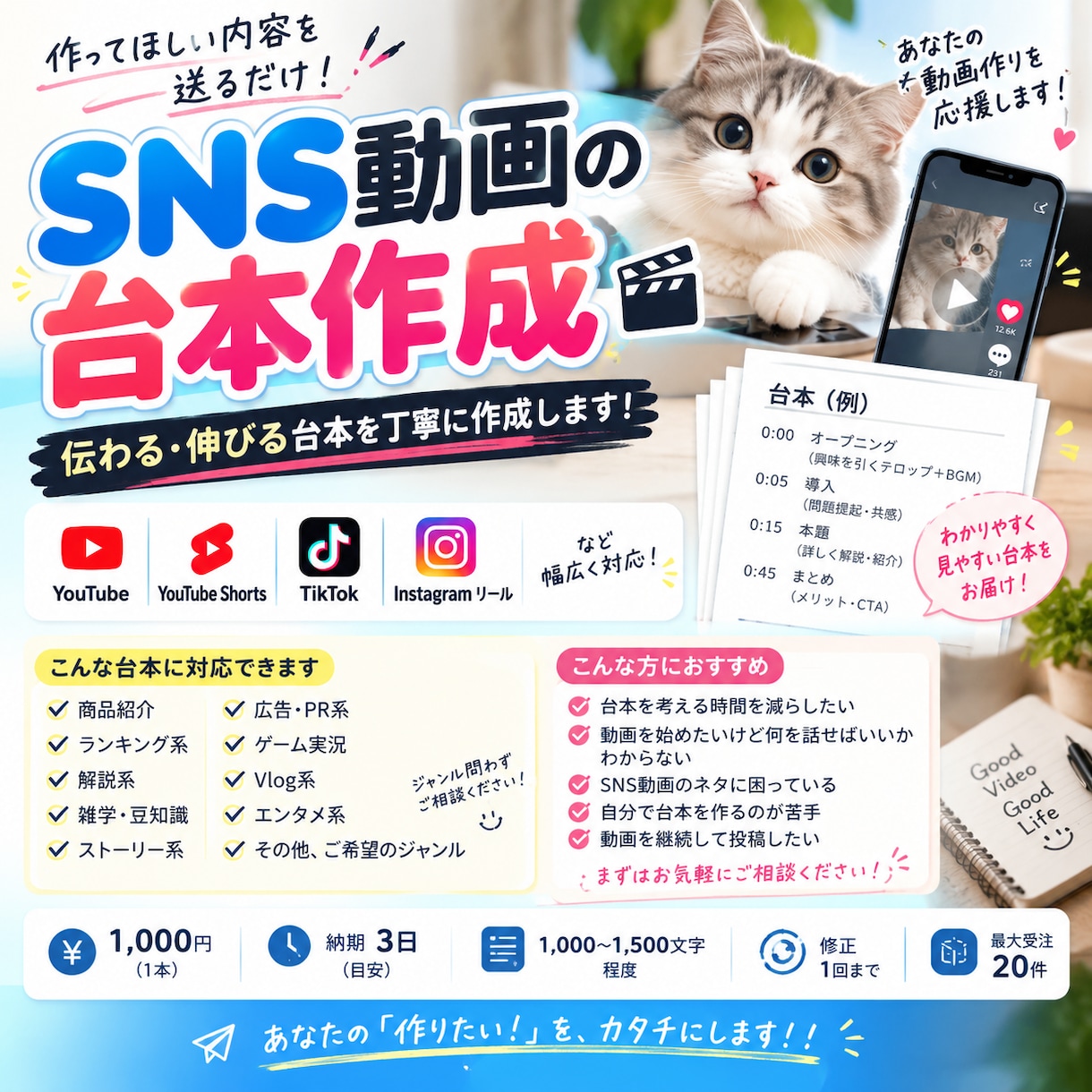 SNS台本作成】伝わる・伸びる台本を作ります SNS向けに最後まで見たくなる台本を丁寧に作成します イメージ1