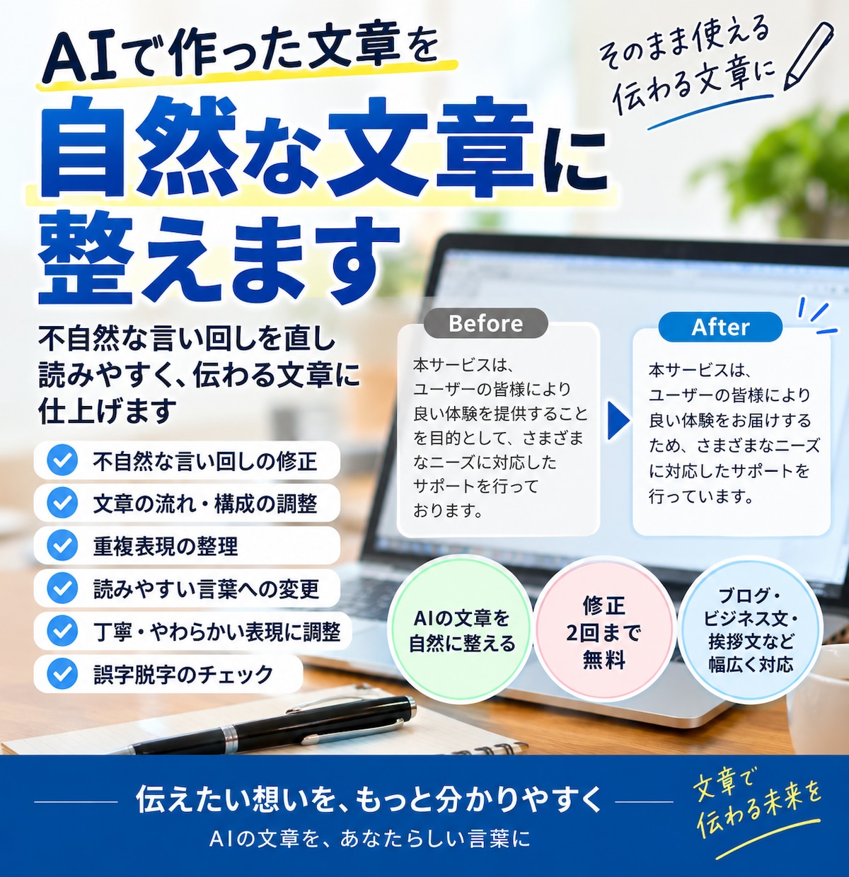 AIで作った文章を自然な文章に整えます 不自然な言い回しを直し読みやすく伝わる文章に仕上げます イメージ1