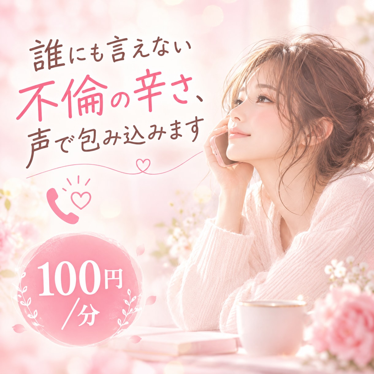 誰にも言えない不倫の辛さ、声で包み込みます 苦しい胸の痛み、お電話で寄り添い受け止めます イメージ1