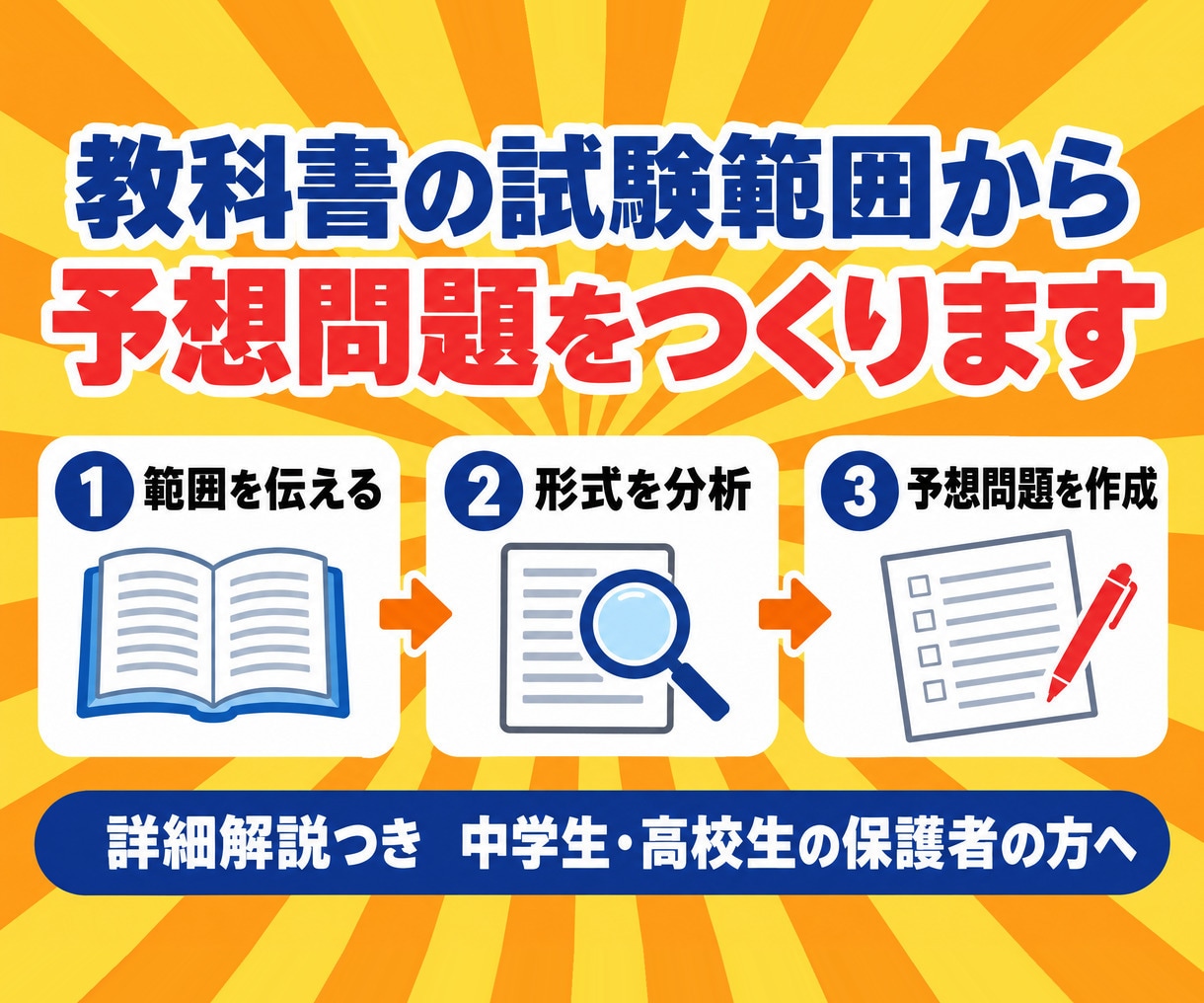 お子さまの教科書範囲で定期テスト予想問題を作ります 試験範囲を伝えるだけ。問題・解答用紙・詳しい解説を2回分 イメージ1