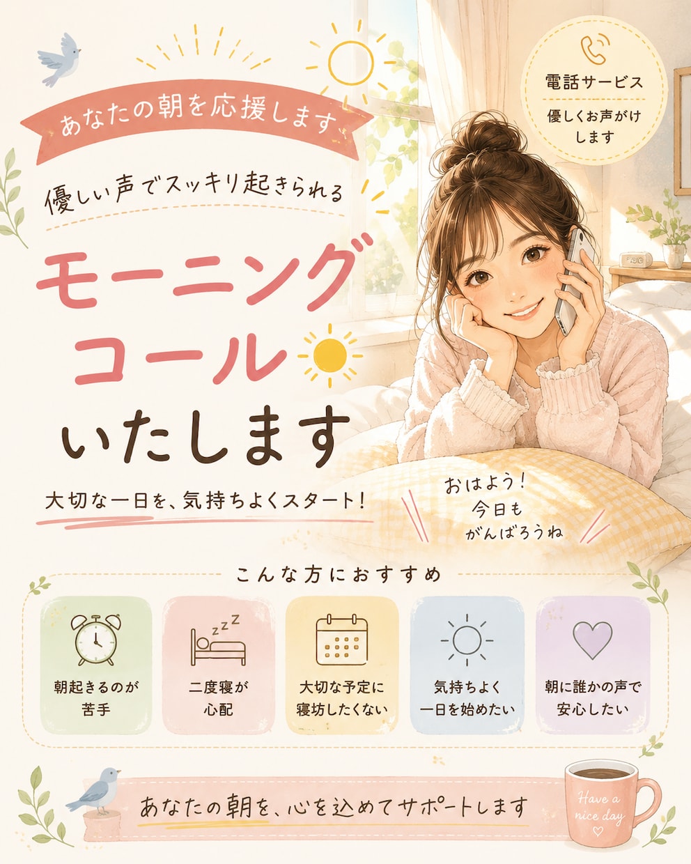 優しい声であなたの朝を応援♡モーニングコールします 「二度寝防止に♡気持ちよく起きられる朝をお手伝いします イメージ1