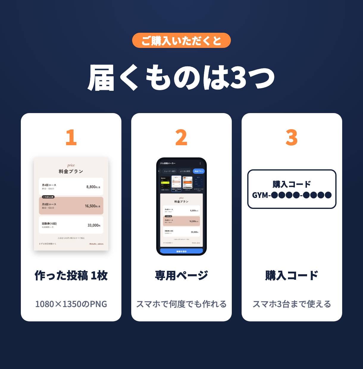 ジムのインスタ投稿画像を作成ツール付で作ります 最初の1枚はこちらで作成。その後はスマホで何枚でも イメージ3
