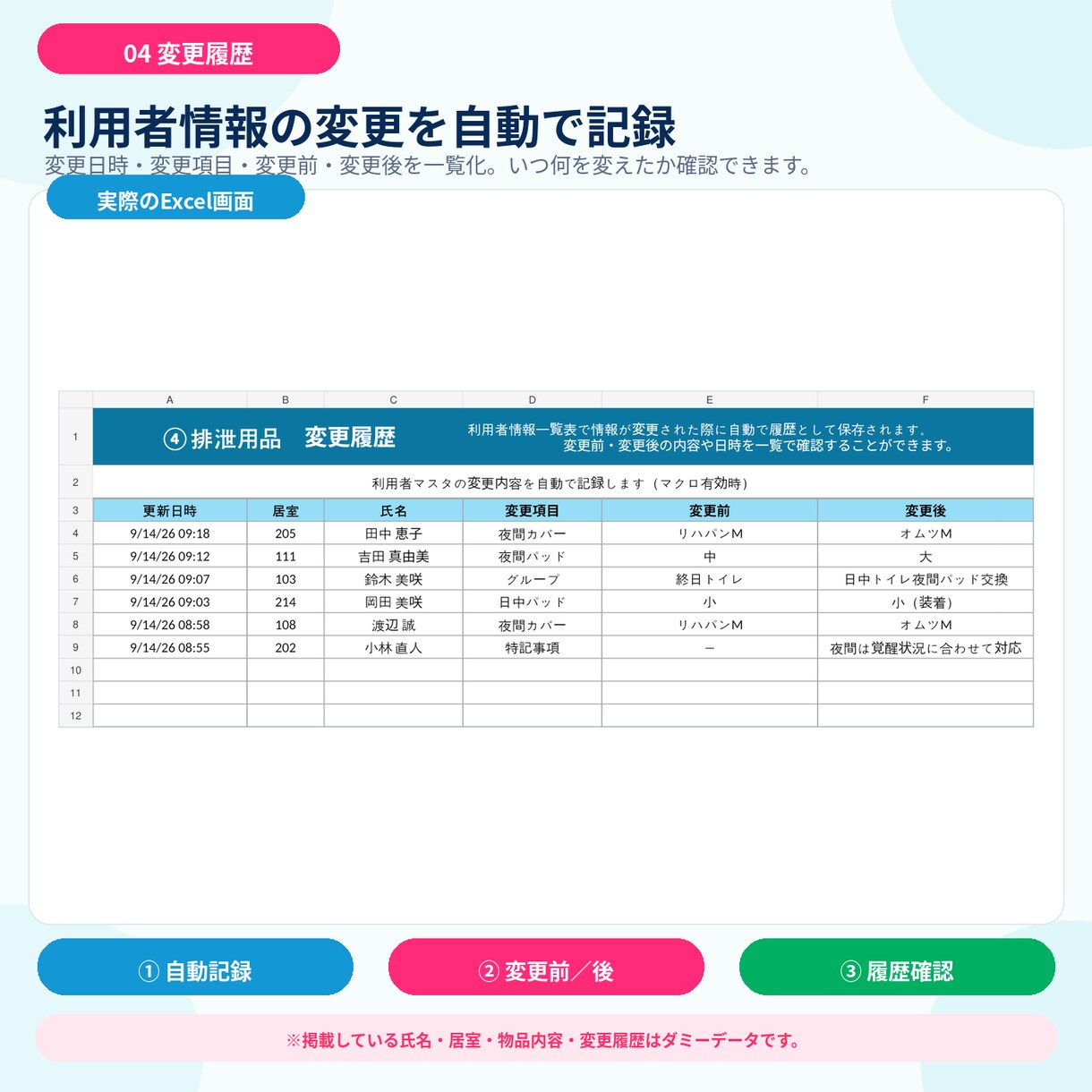 介護施設向け）排泄用品管理Excelを提供します パッド・おむつ管理をもっと見やすく簡単に イメージ5