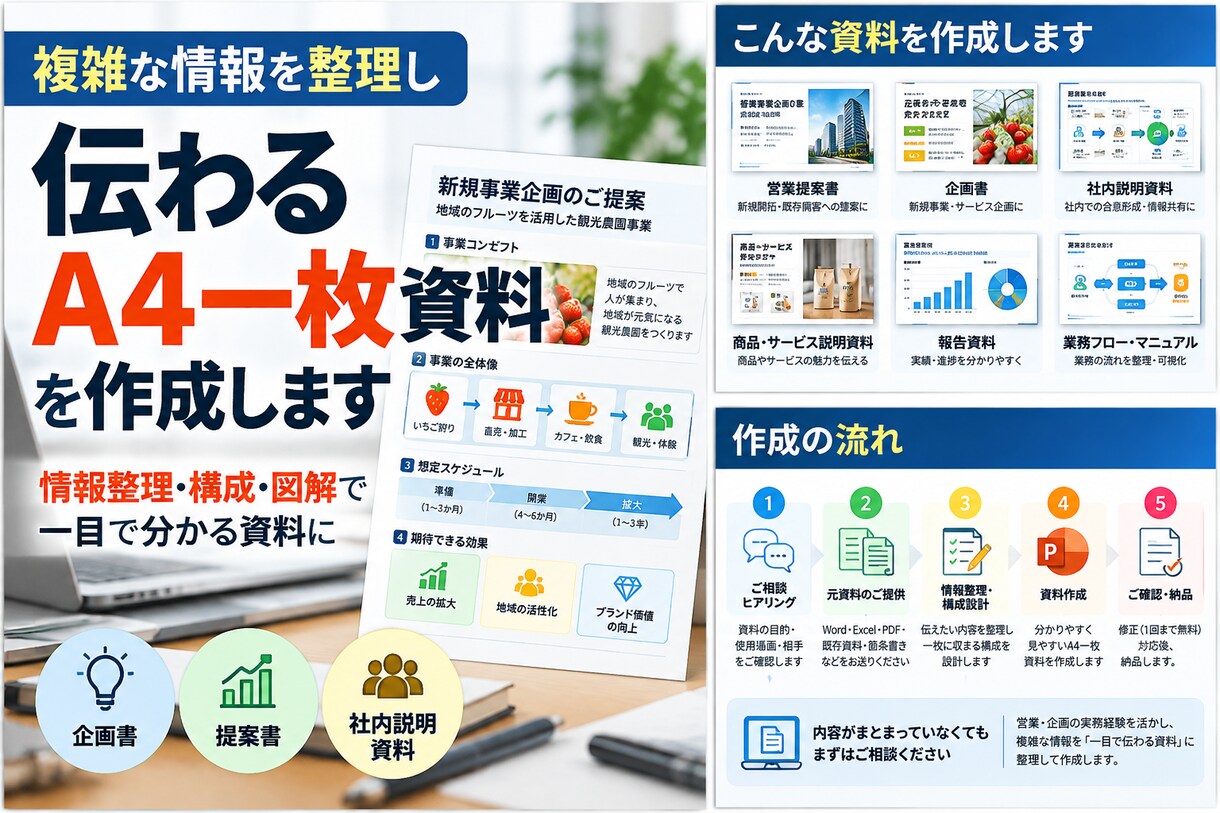 複雑な情報をA4一枚に整理します 情報整理・構成・図解で、一目で分かる資料に仕上げます イメージ1