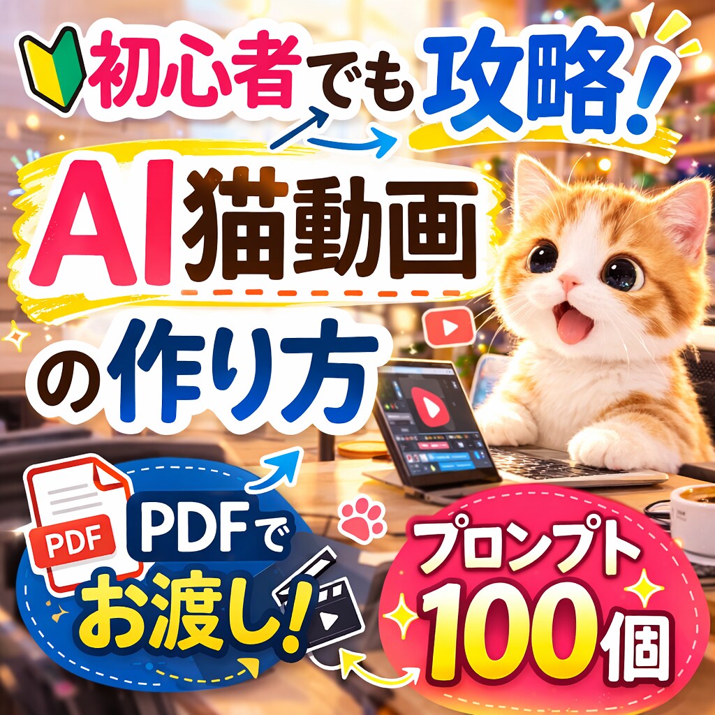 AI猫動画の作り方とプロンプト100お渡しします 初心者向けAI猫動画作成ガイドPDF イメージ1