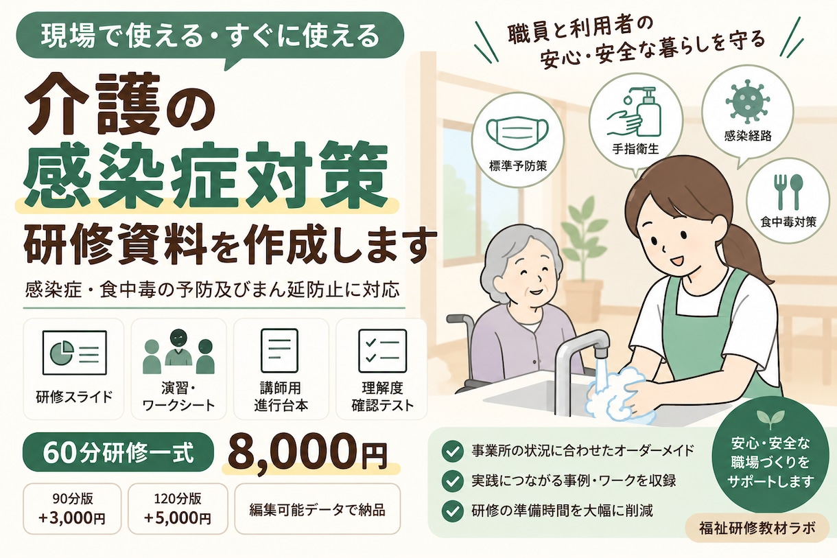 介護の感染症対策研修資料を一式作成します 60分研修｜スライド・ワーク・進行台本・理解度確認まで一式 イメージ1
