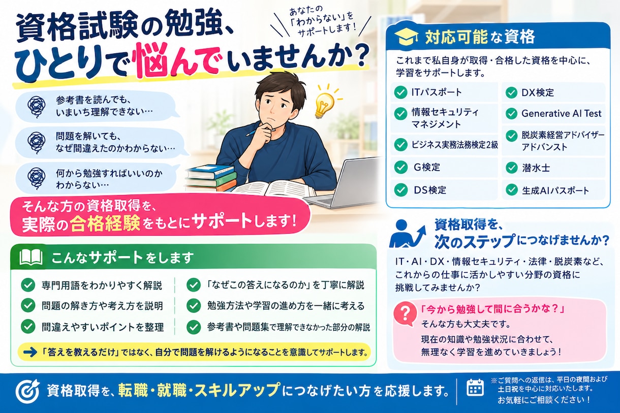 秋の半額キャンペーン中　資格取得支援します 一人で悩まない！資格取得者が勉強を一緒に進めます イメージ1