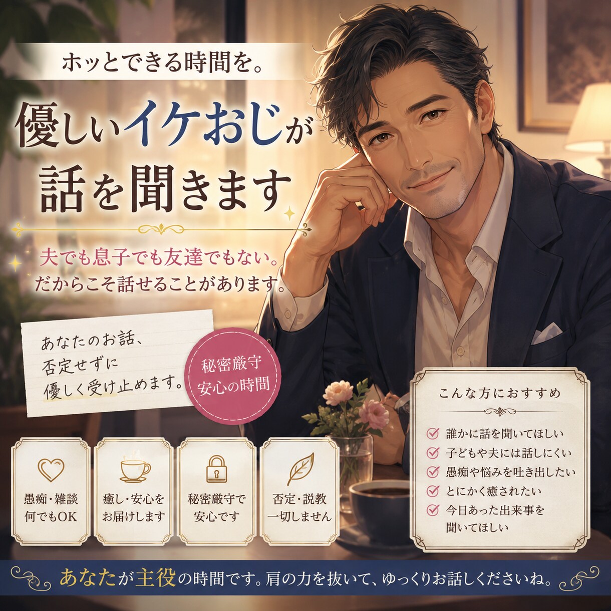 ホッとできる時間を。優しいイケおじが話を聞きます 今日の出来事、誰にも言えない悩み、何でも聞かせてください。 イメージ1