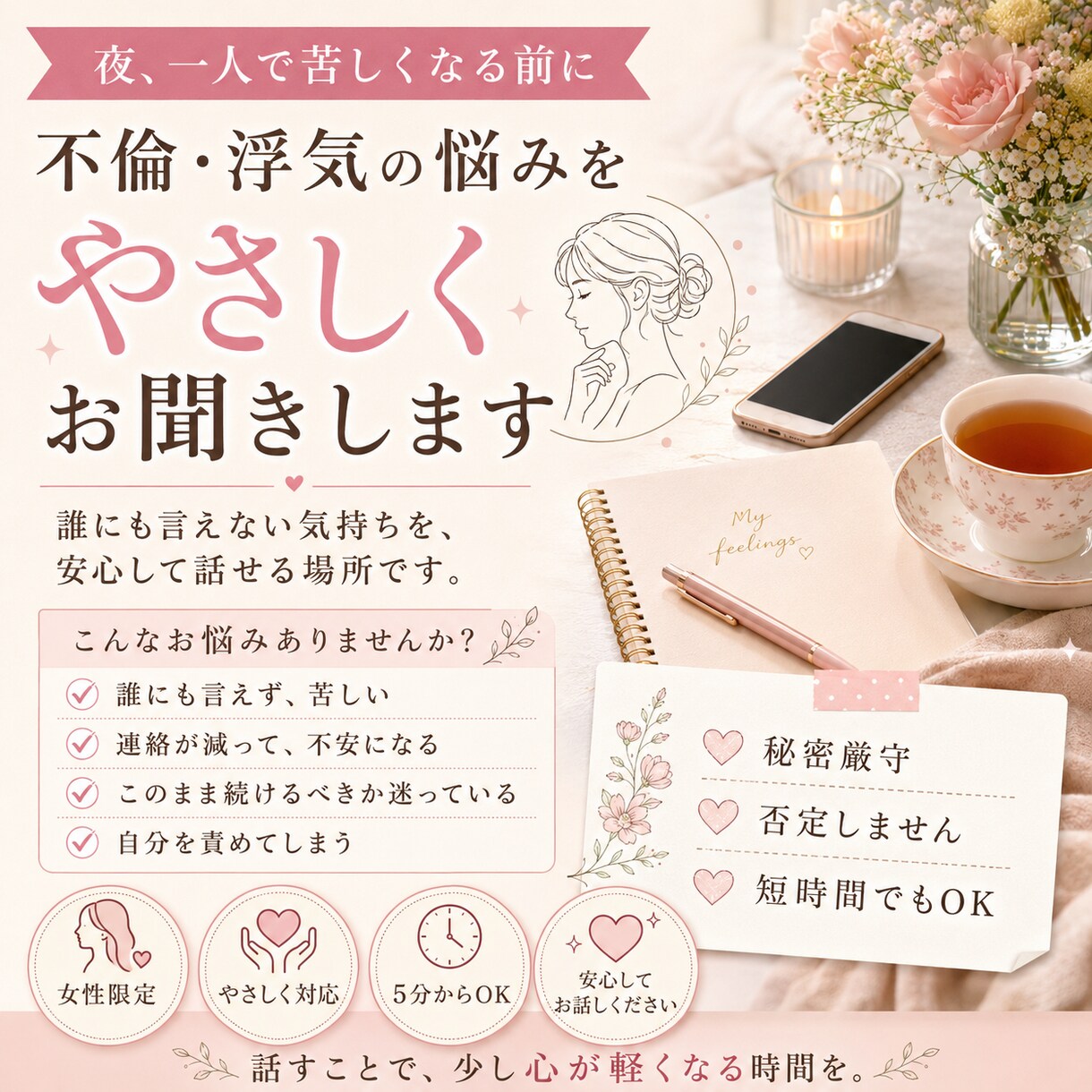 不倫や浮気の悩みを男性目線で否定せずお聞きします 誰にも言えない恋を、男性目線で優しく整理します イメージ7