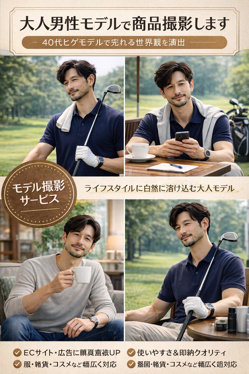 大人男性モデルで商品撮影します 40代メンズヒゲモデルで売れる世界観を演出 イメージ1