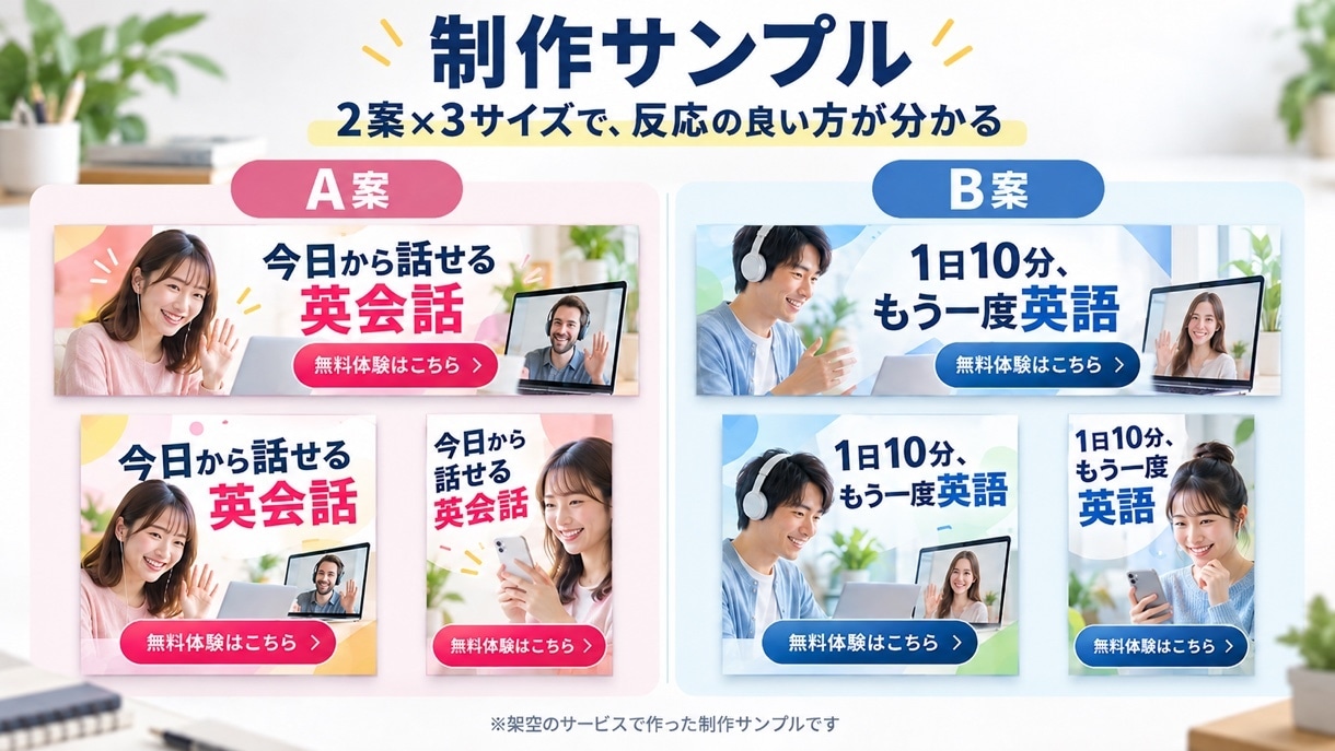 Web広告のバナーを掲載サイズに合わせて作ります 1サイズ10,000円。比較テスト用の2案にも対応 イメージ2