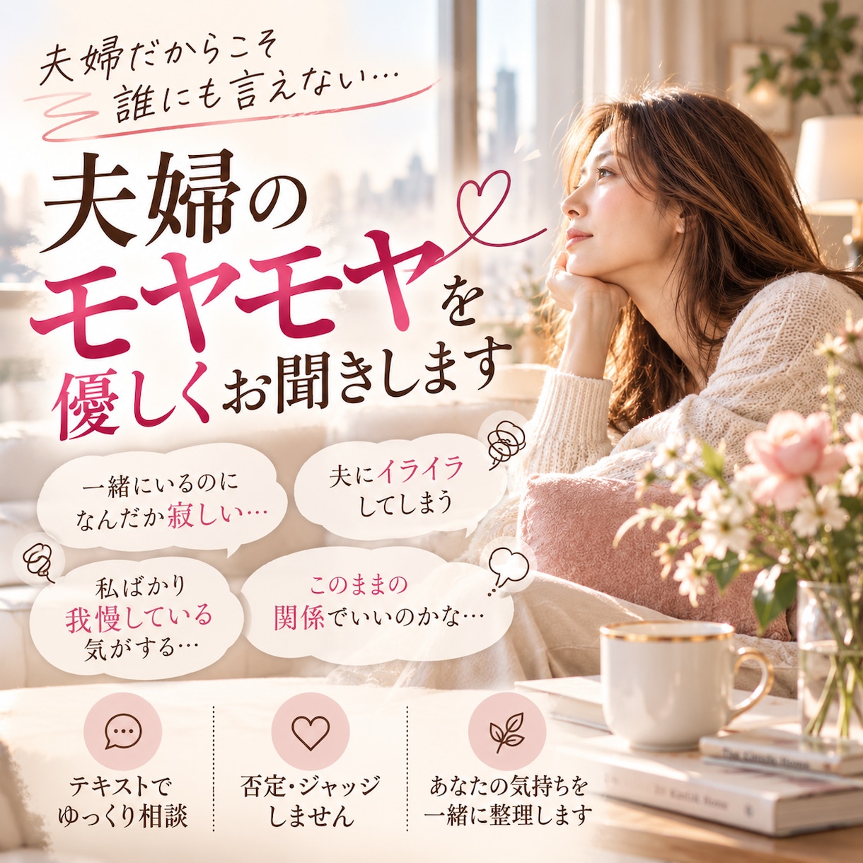夫婦・パートナーのモヤモヤを優しくお聞きします 一緒にいるのに寂しい…言えない気持ちを一緒に整理します イメージ1