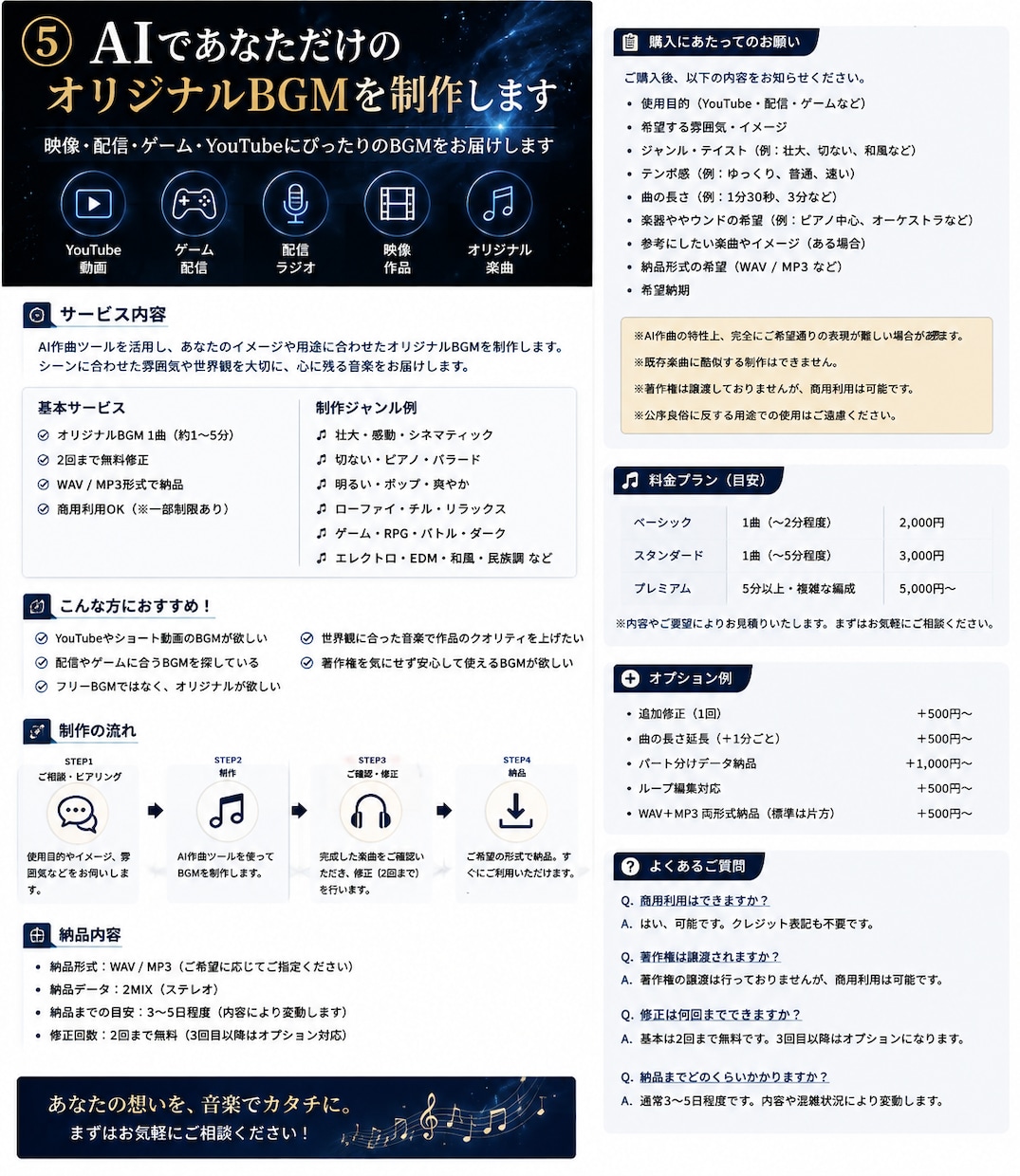 動画や配信用のオリジナルBGMを制作します イメージや世界観に合わせたBGMをAIを活用して制作します イメージ1