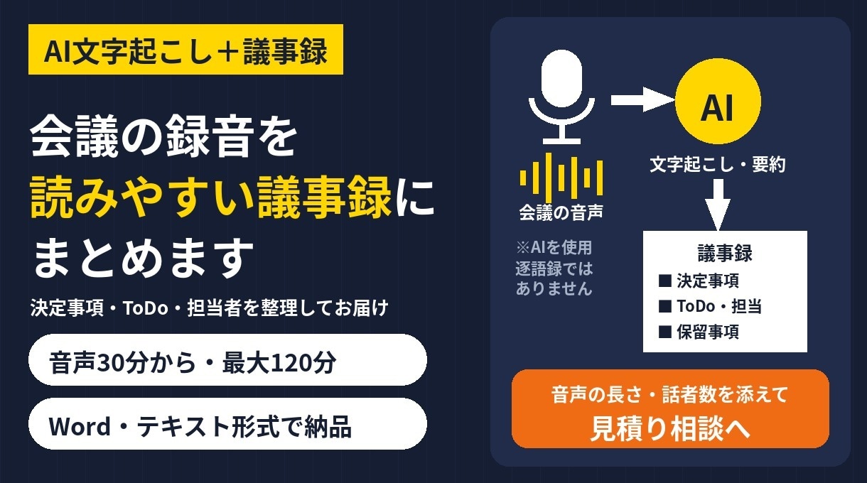 会議の録音をAIで議事録にまとめます AI文字起こしと要点整理で、すぐ共有できる議事録に イメージ1