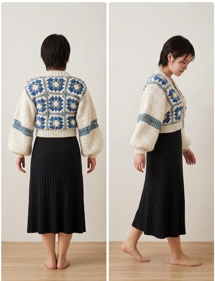 手編みモチーフ柄ショート丈カーディガンを制作します レトロ可愛いグラニースクエア柄！サイズや色の相談も承ります イメージ1