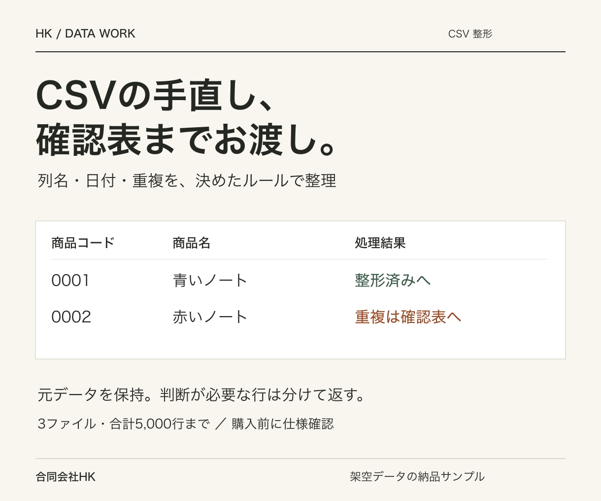 CSVの列名や日付を整え確認表付きで納品します 手直しした箇所と要確認の行がわかる。3ファイルまで対応 イメージ1