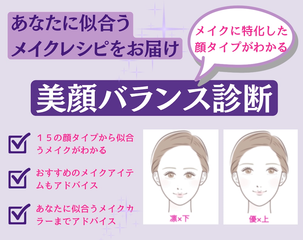 美顔バランス診断で似合うメイクレシピをご提案します メイクに特化した顔タイプの診断で、垢抜けメイクがわかる！ イメージ1
