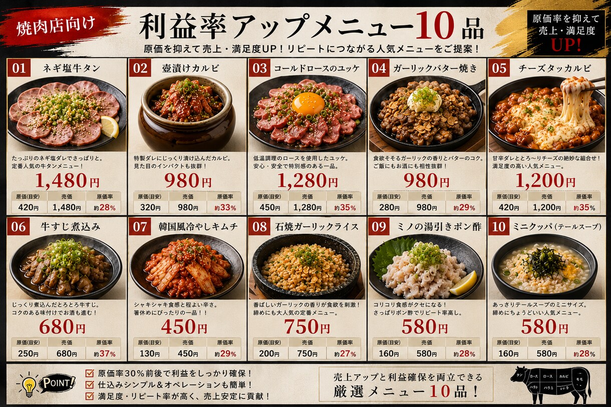 飲食店経営者が利益重視の新メニュー10品企画します 店舗に合わせた新メニューの原価からレシピを10品提案します。 イメージ3
