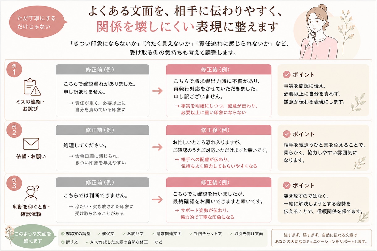 感じよく伝わる文章へ整えます 強すぎず、弱すぎず自然な文章へ イメージ3