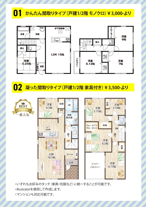 不動産広告や民泊・マイソク用間取り図を作成します 業者・個人OK！訂正無制限・追加費用なし！イラレで爆速清書！ イメージ2