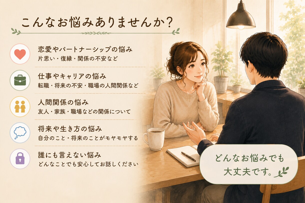 恋愛・仕事のモヤモヤを30分で一緒に整理します 誰にも話せない、恋愛・仕事のモヤモヤを一緒に整理します。 イメージ2