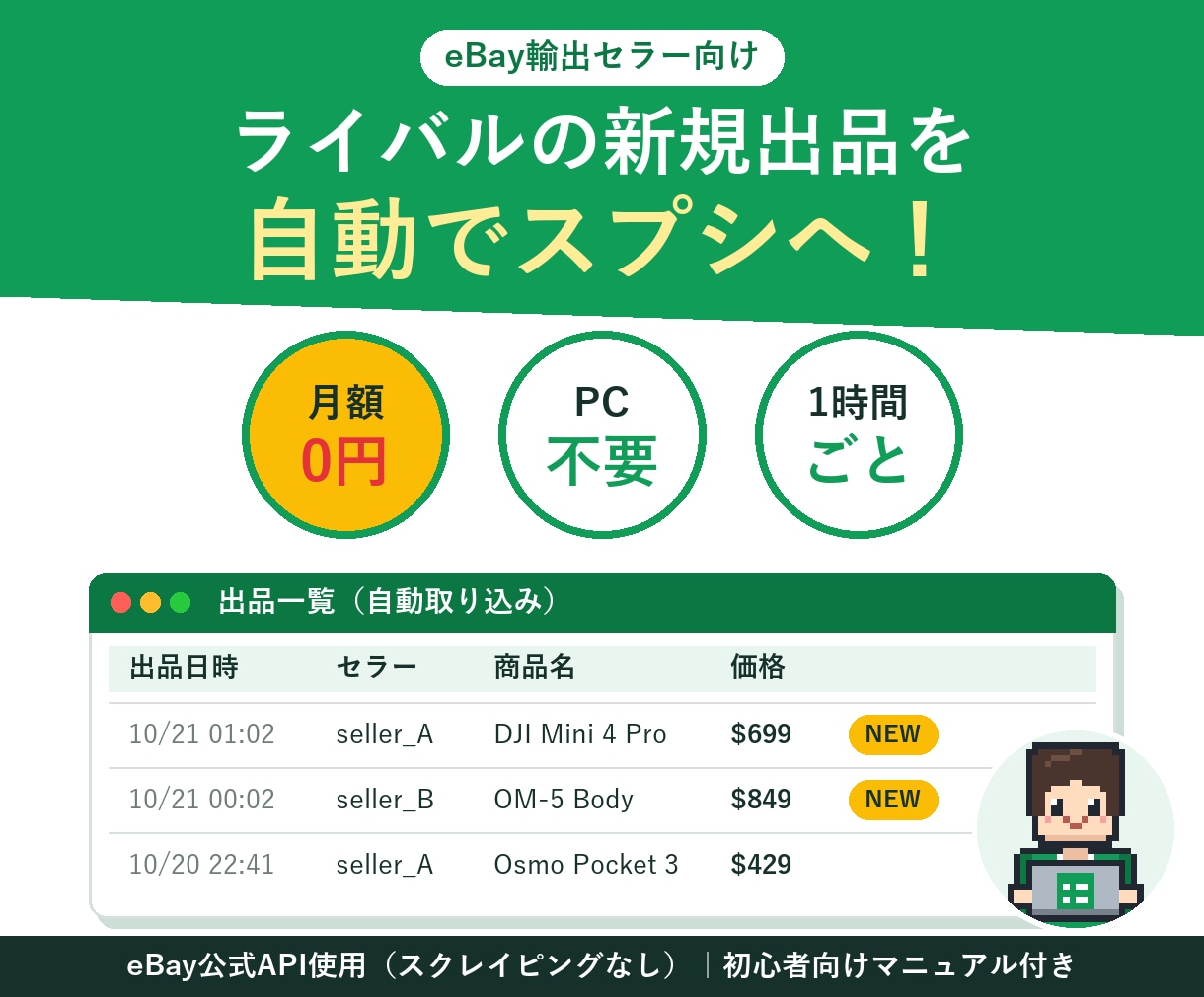 eBay競合の新規出品チェックを全自動化します 月額0円・PC不要｜公式APIで1時間ごとに自動更新 イメージ1