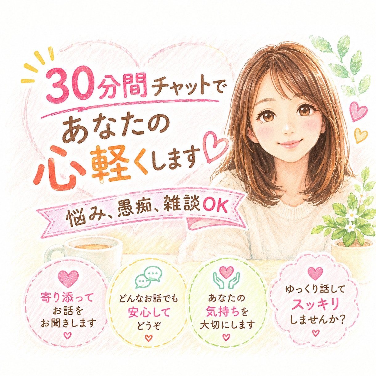 30分チャットで、あなたの心に寄り添います LINE感覚で、誰にも知れずにやり取りしてスッキリしましょう イメージ1