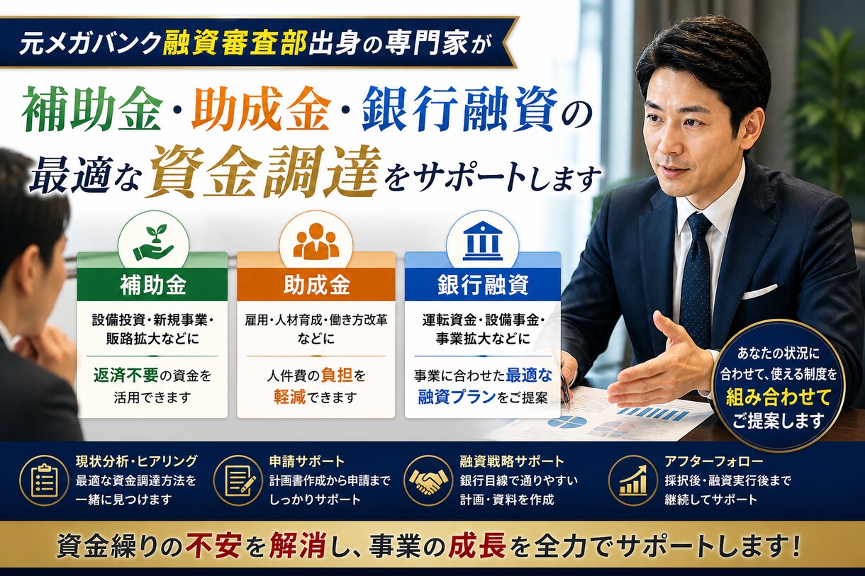 個人、小規模事業者の方に、資金調達先相談受けてます 実績約10000件の補助金、助成金、融資　審査目線から作成 イメージ1