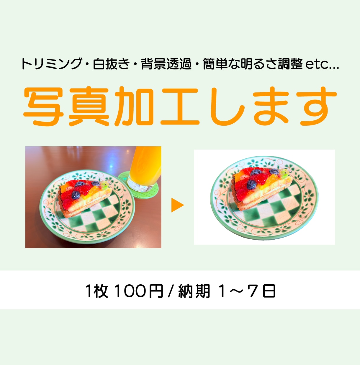 Photoshopで写真加工します トリミング・白抜き・背景透過・簡単な明るさ調整等を行います イメージ1