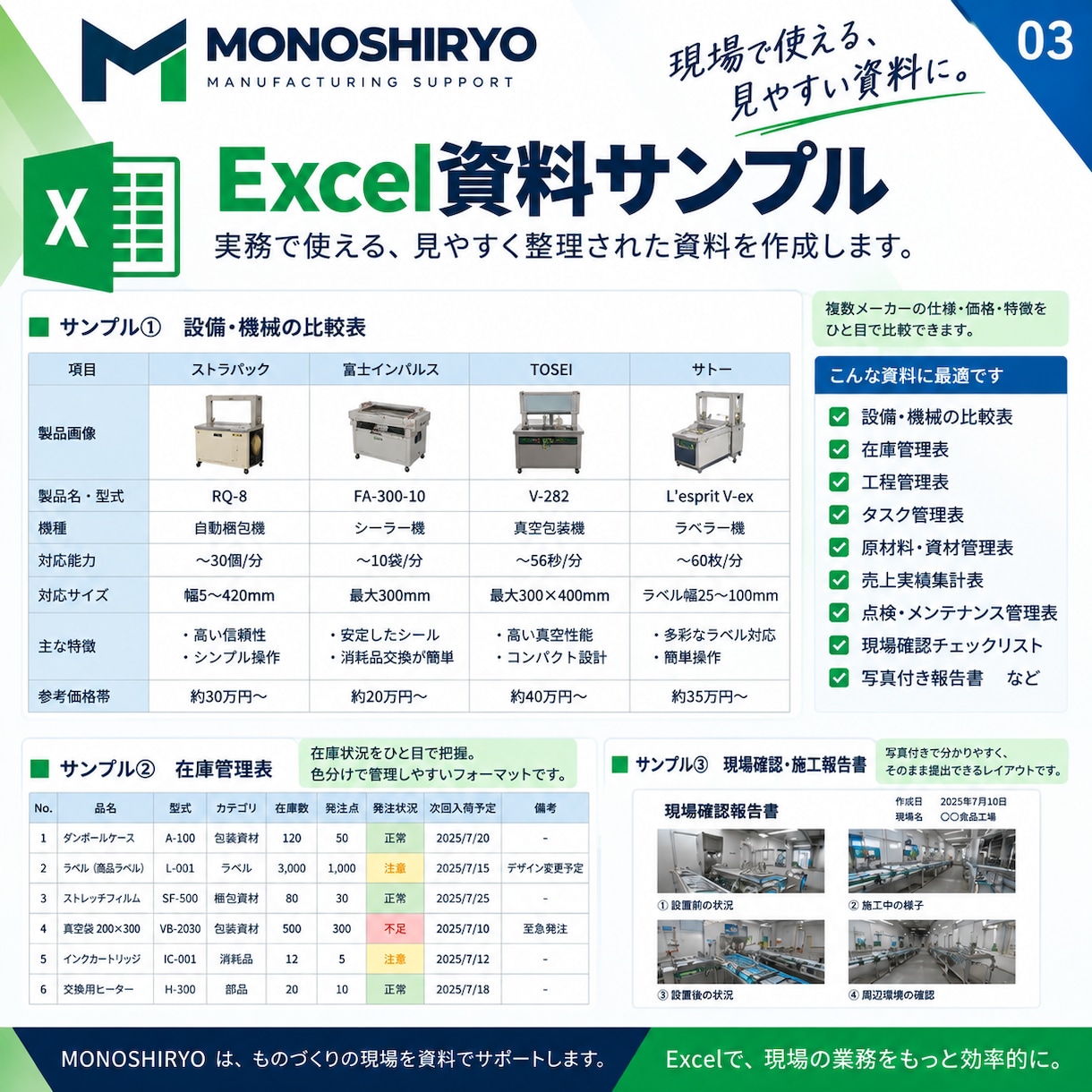 製造業向けのExcel・提案資料を作成します 設備比較・管理表・報告書を見やすく整理します イメージ4