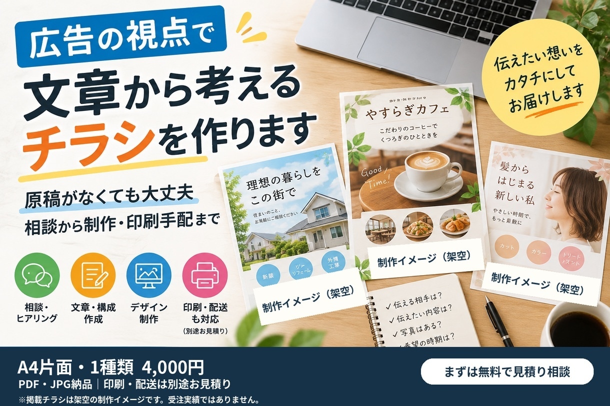 広告の視点で文章から考えるチラシを作ります 原稿がなくても大丈夫。相談から制作・印刷手配まで イメージ1