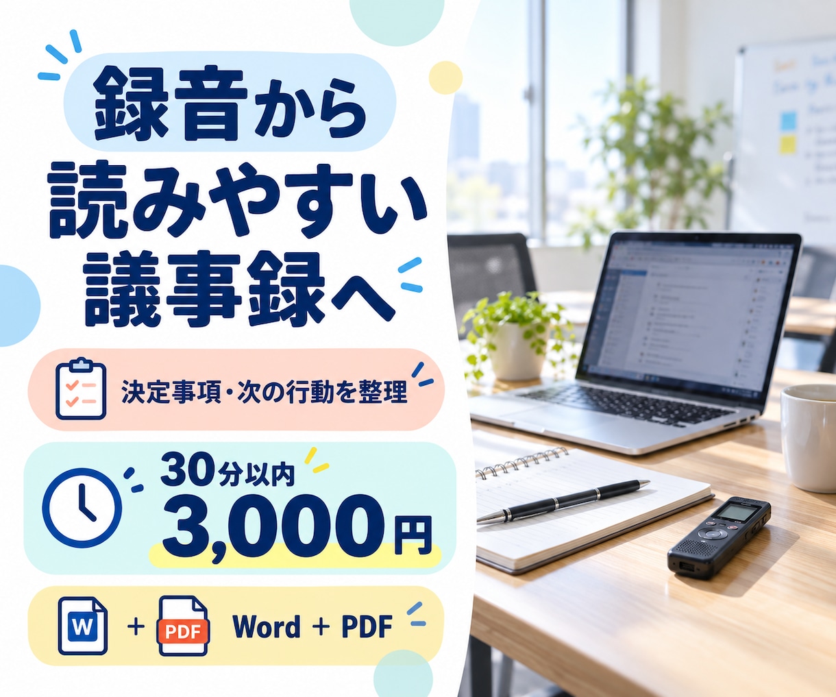 録音から要点のわかる議事録を作成します 決定事項・担当者・期限を整理｜WordとPDFで納品 イメージ1