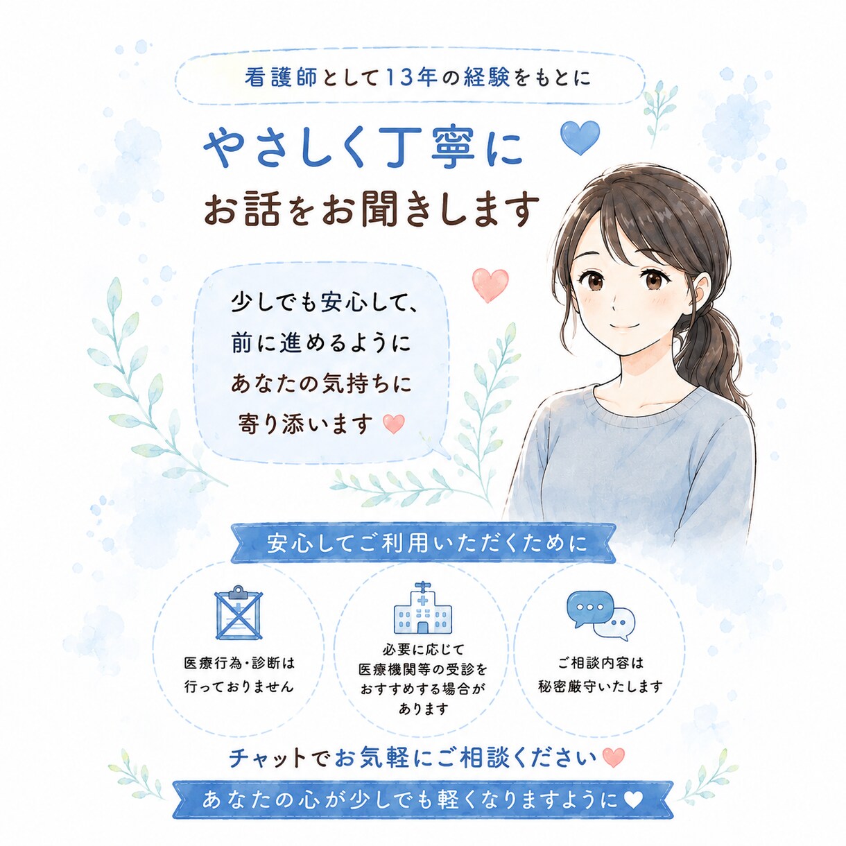 医療・介護の不安や悩み、やさしく丁寧にお聞きします 60分チャット⭐︎傾聴が得意な看護師ママにお任せください☘️ イメージ4