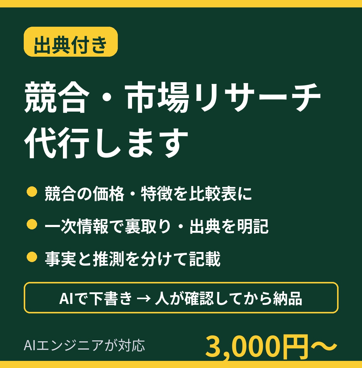 出典付きで競合・市場リサーチを代行します AIで高速収集→一次情報で裏取り。比較表＋要点レポート イメージ1