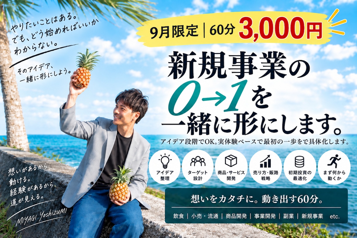 新規事業の0→1を一緒に整理・具体化します アイデア段階でOK。実体験ベースで最初の一歩を具体化します イメージ1