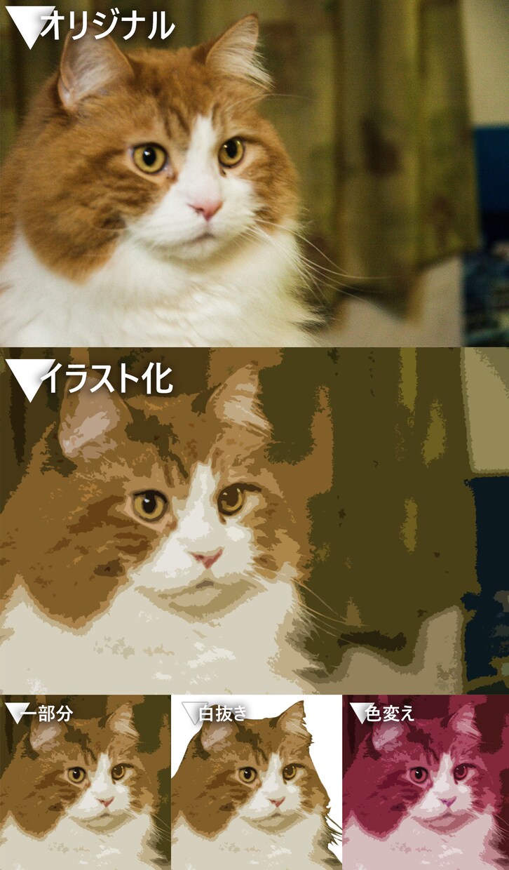 人物・動物などの写真をイラスト化します アイコンやノベルティなどのグッズなど、使いどころいっぱい！ イメージ4