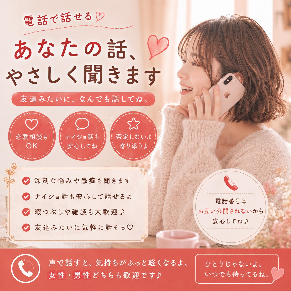 悩み・愚痴・雑談・相談なんでも聞きます 友達感覚でꕤ︎︎·͜·ナイショ話も◎あなたの心に寄り添います イメージ1