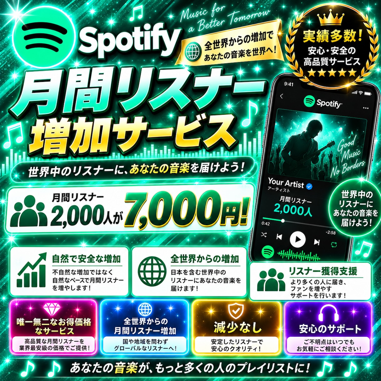 Spotify月間リスナー2000人増やします マンスリーリスナー2000人が嬉しいこのお値段。 イメージ10