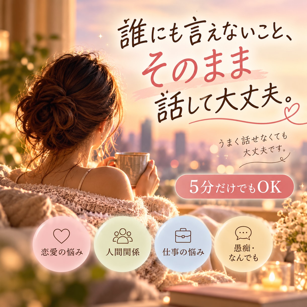 誰にも言えない気持ちも、そのままお聴きします うまく話せなくても大丈夫。あなたのペースでお話しください イメージ1