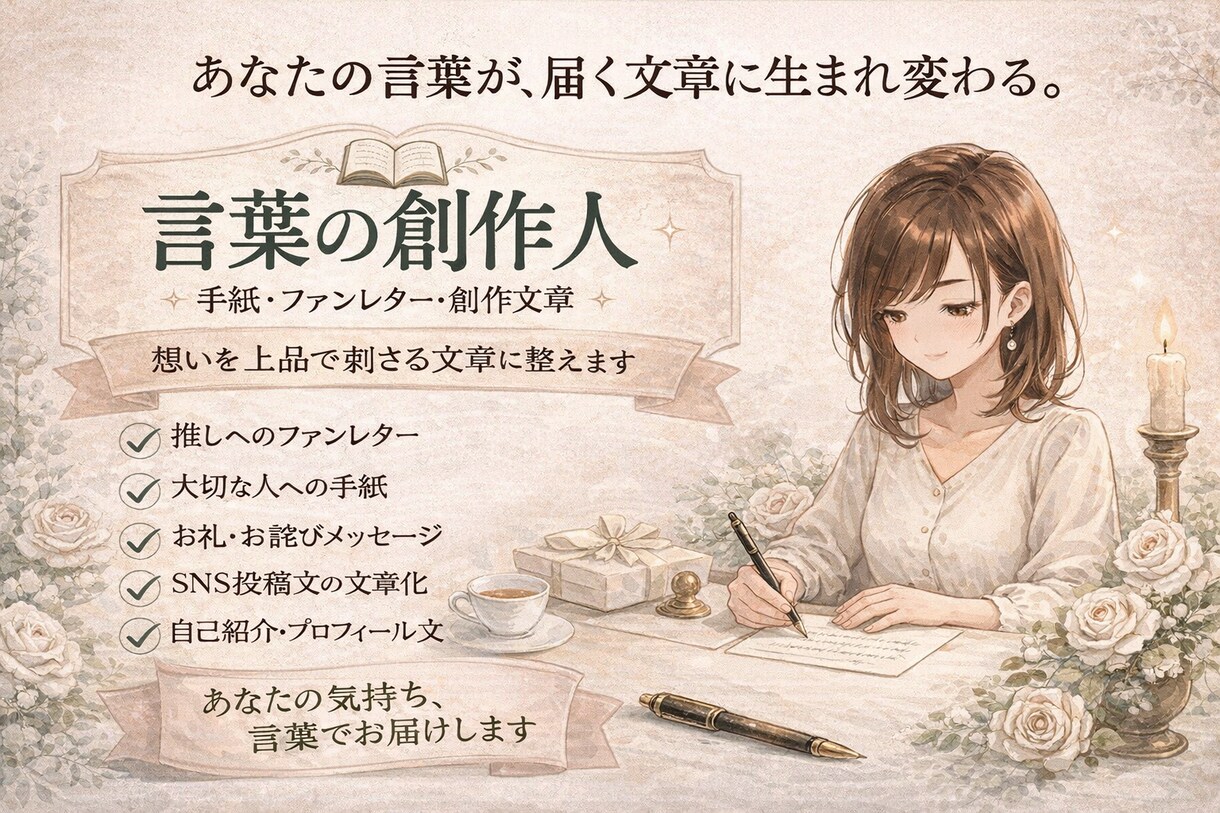 ファンレター/挨拶文/SNS文作成します 言葉の創作人｜あなたの想いを“届く文章”に。 イメージ1