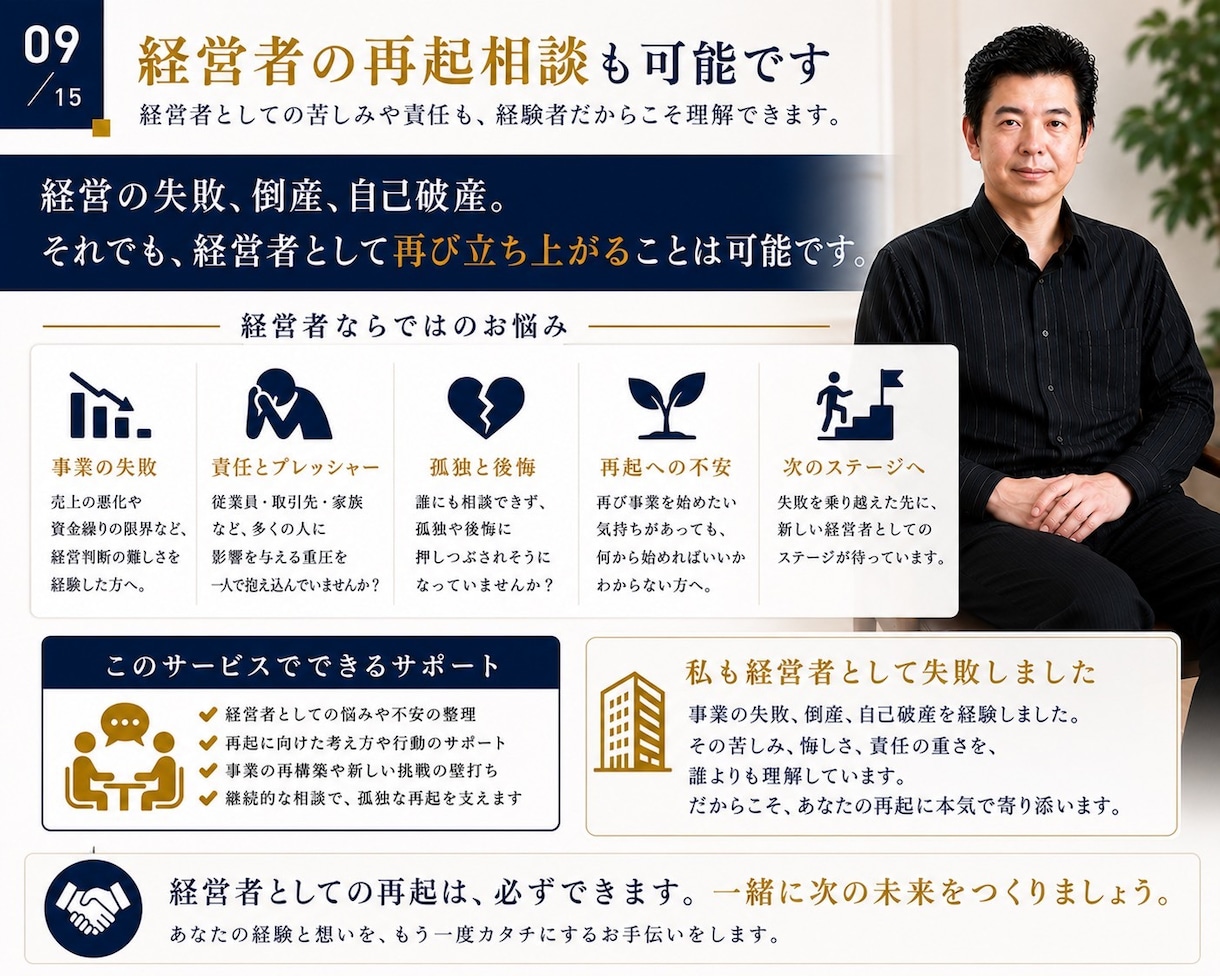破産後の人生再建を30日間サポートします 破産から復活した経営者が、あなたの再スタートに伴走します イメージ9