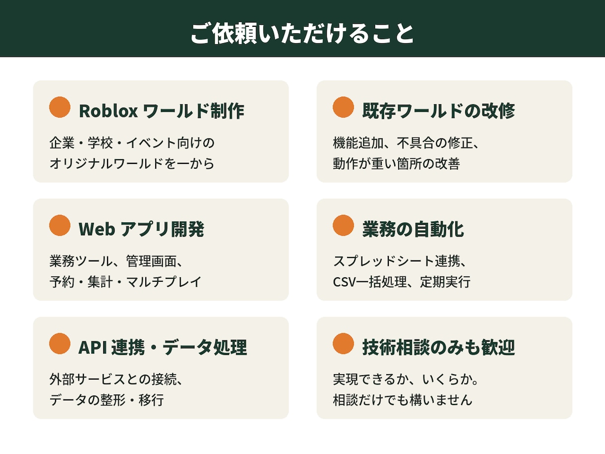 Roblox・Webアプリ・自動化開発しますます ゲームもWebも自動化も。個人開発で一貫対応します イメージ3