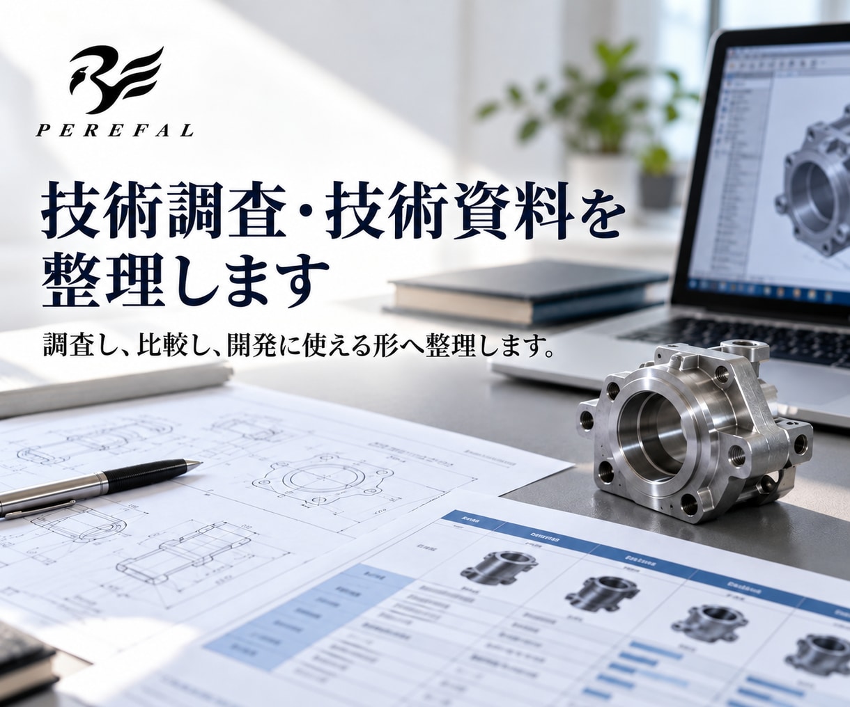 技術調査・技術資料を整理します 調査し、比較し、開発に使える形へ整理します。 イメージ1