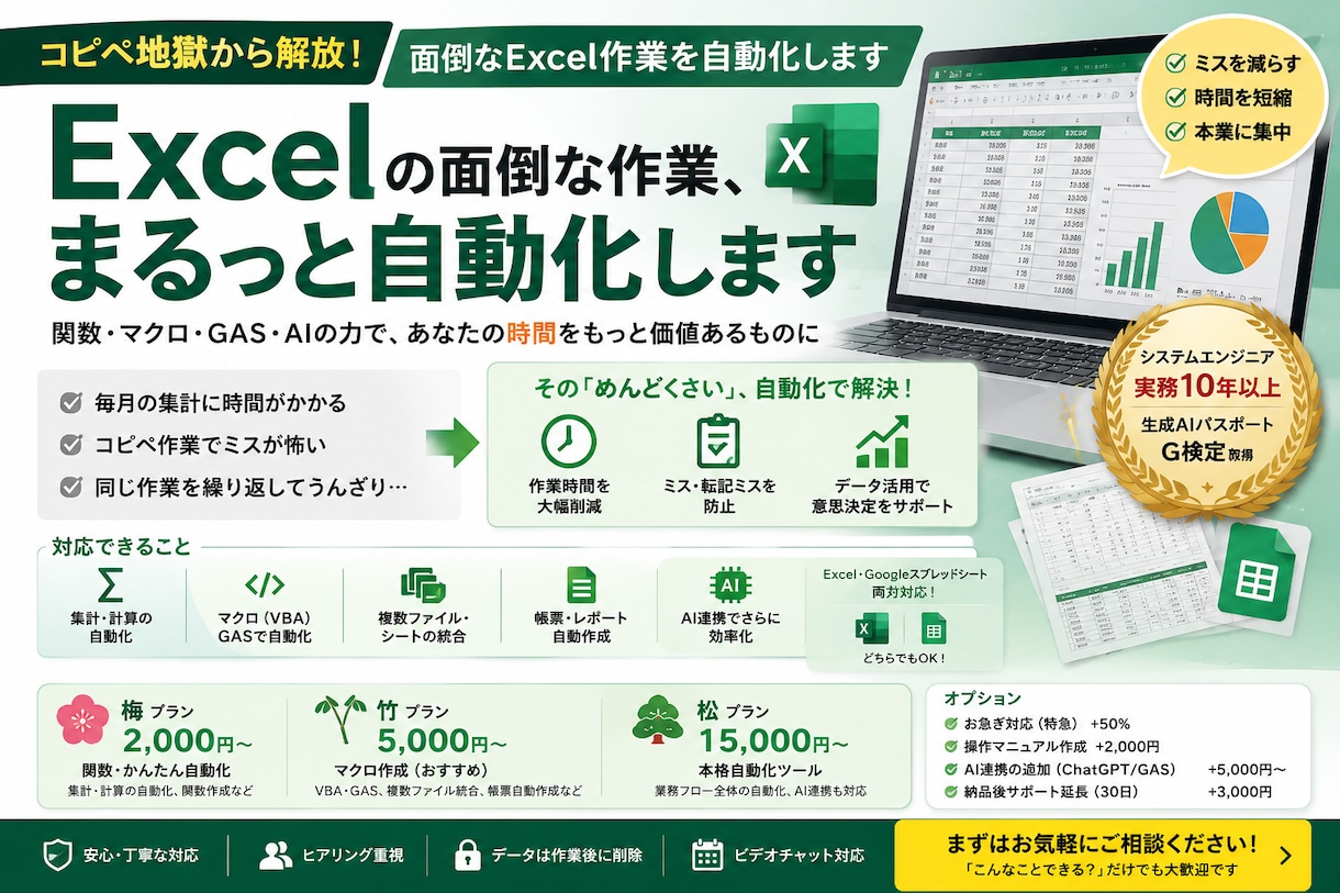 Excelの面倒な作業、まるっと自動化します コピペ地獄から解放。面倒なExcel作業を自動化します イメージ1