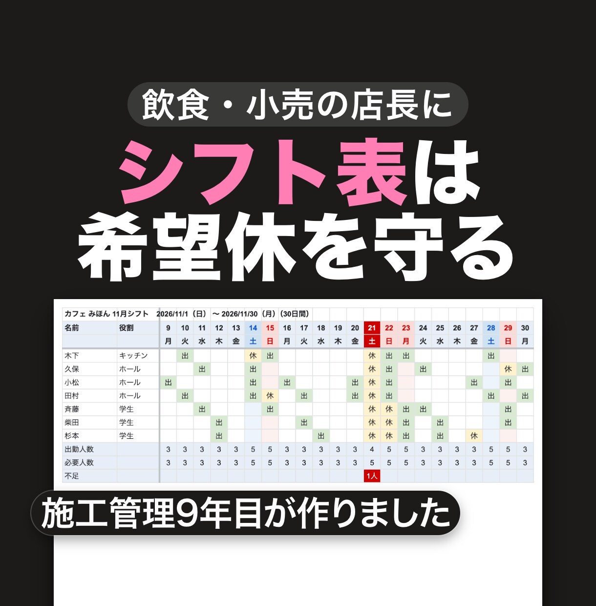 シフト表を希望休と人数に合わせて作ります 人数・役割・連勤の決まりに合わせて、メニュー1回で作成 イメージ1