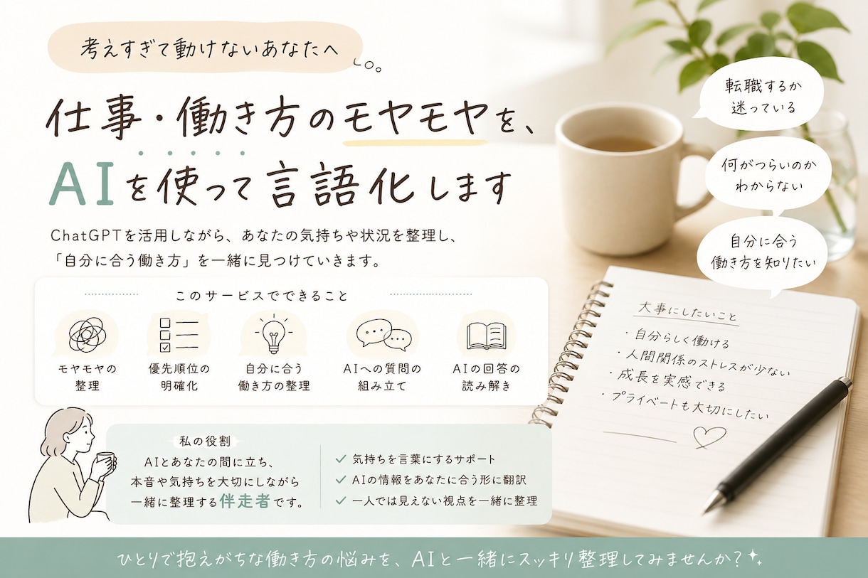 仕事・働き方のモヤモヤを、AIを使って言語化します 考えすぎて動けない状態から、少しずつ前に進める形にします イメージ1