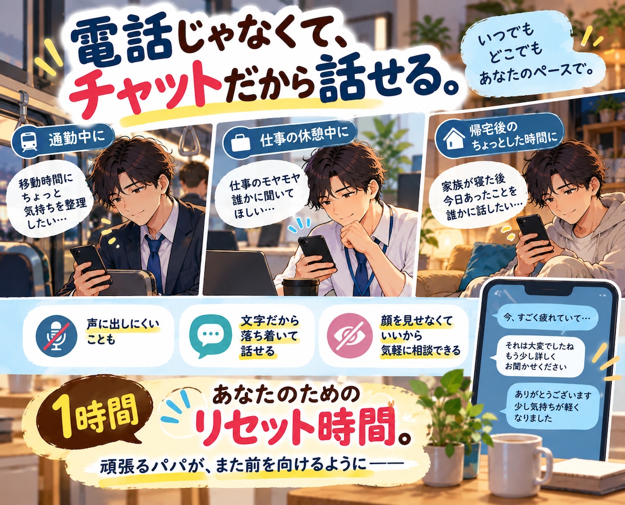頑張るパパの気持ちを1時間チャットでお聴きします 愚痴／仕事／夫婦／育児♡まとまってなくてもOK イメージ3