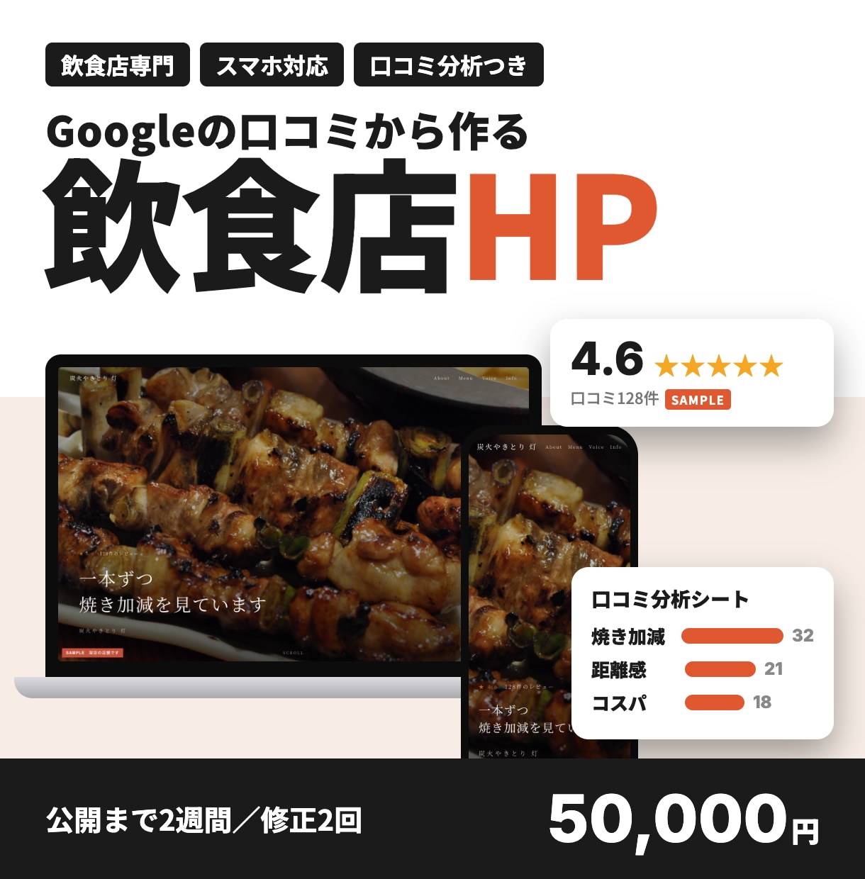 口コミから飲食店のホームページを作ります Googleの口コミから　選ばれる理由を1ページに イメージ2