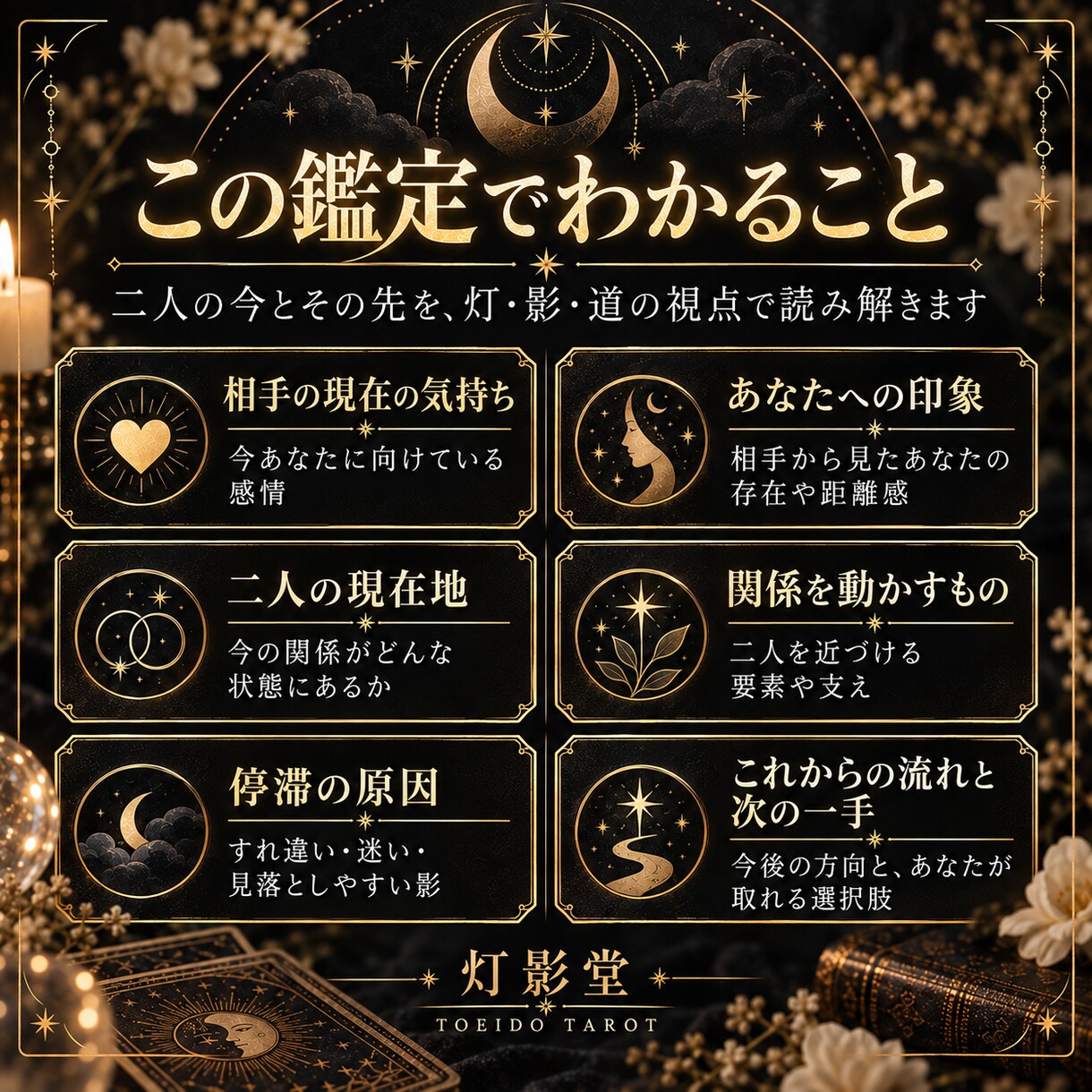 二人の関係とこれからをタロットで深く読み解きます 灯と影を映し、この恋の先にある道まで読み解きます イメージ3