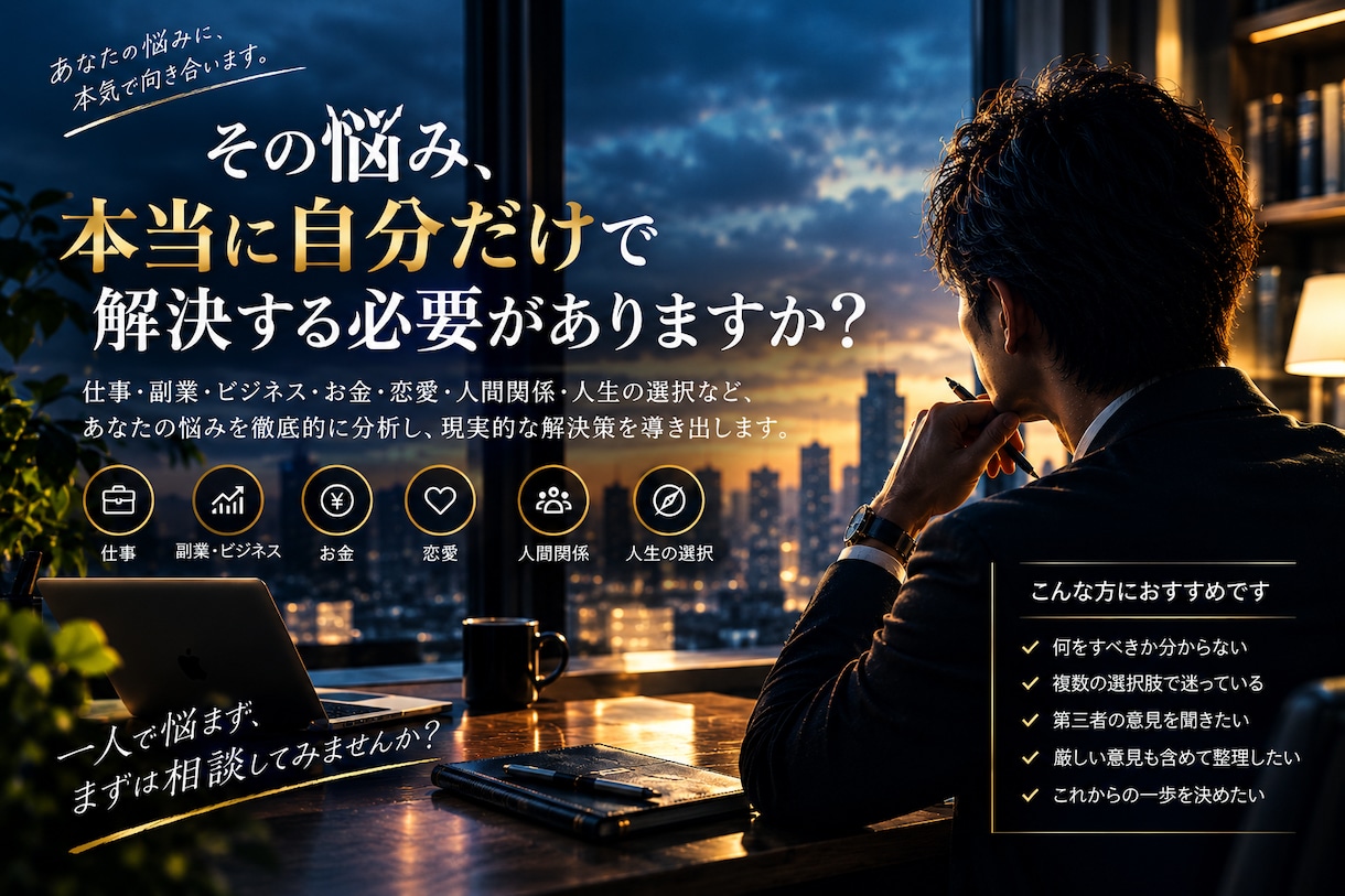 誰にも相談できない悩みを客観的な視点から解決します 問題の本質を見極め、あなたが取るべき次の一手を提案します。 イメージ2